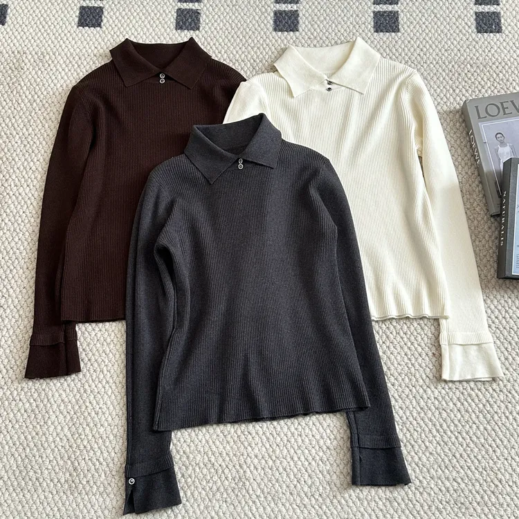 【米可家】双纽扣polo小翻领高弹力显瘦细针织2603