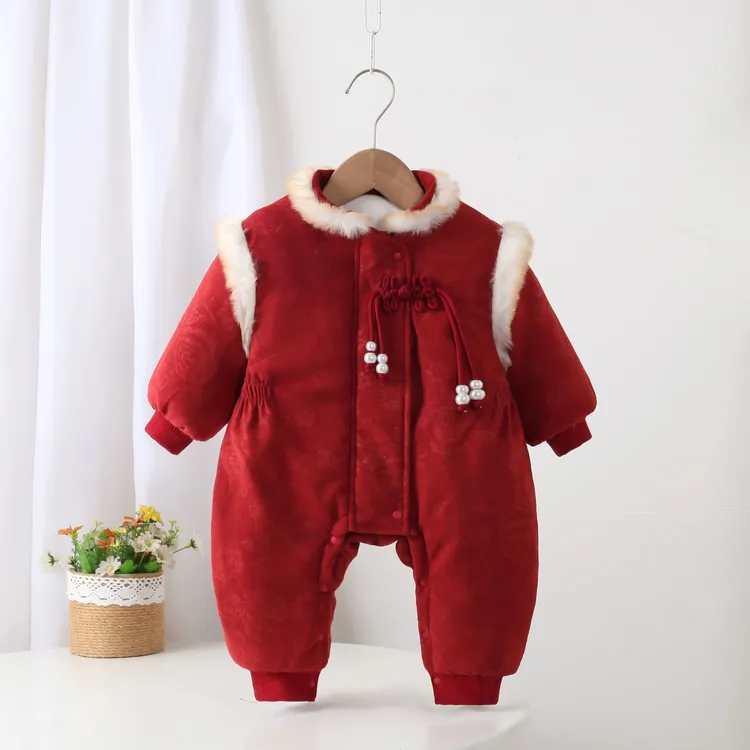 婴儿秋冬连体衣新年装女宝宝新中式拜年满月百日外穿棉服喜庆哈衣