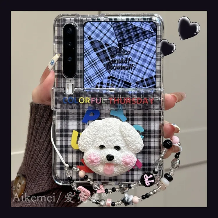 适用华为purax折叠屏手机壳黑格纹字母purax典藏版立体吐舌狗支架