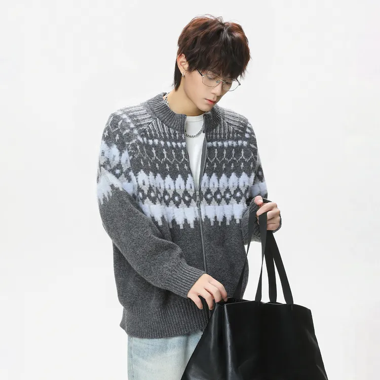 费尔岛开衫毛衣男秋冬款质感复古仿貂毛民族风软糯肌理针织衫外套