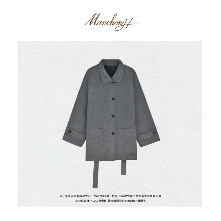 manchenh"轻奢岁月"重磅羊绒羊毛高密圈圈纱订染花纱灰气质大衣