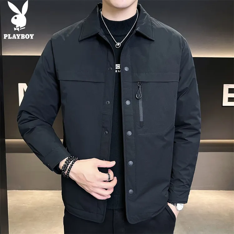 花花公子男士翻领羽绒服冬季新款纯色潮流百搭宽松休闲保暖外套男