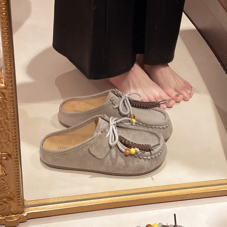 YT军旅风外穿一脚蹬凉拖鞋女黄色增高半拖鞋勃肯包头厚底秋季新
