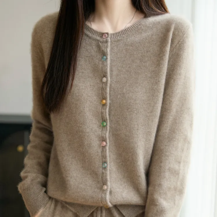 水晶扣开衫女士羊毛衫 圆领打底毛衣针织衫外套纽花