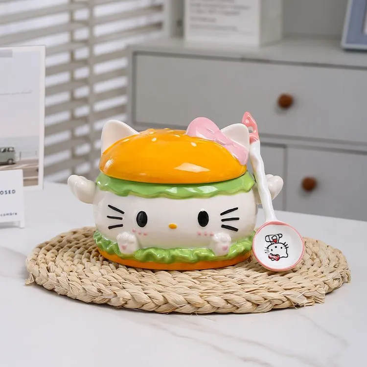 hellokitty汉堡泡面碗带盖可爱大容量碗陶瓷防烫高温饭汤家用餐具