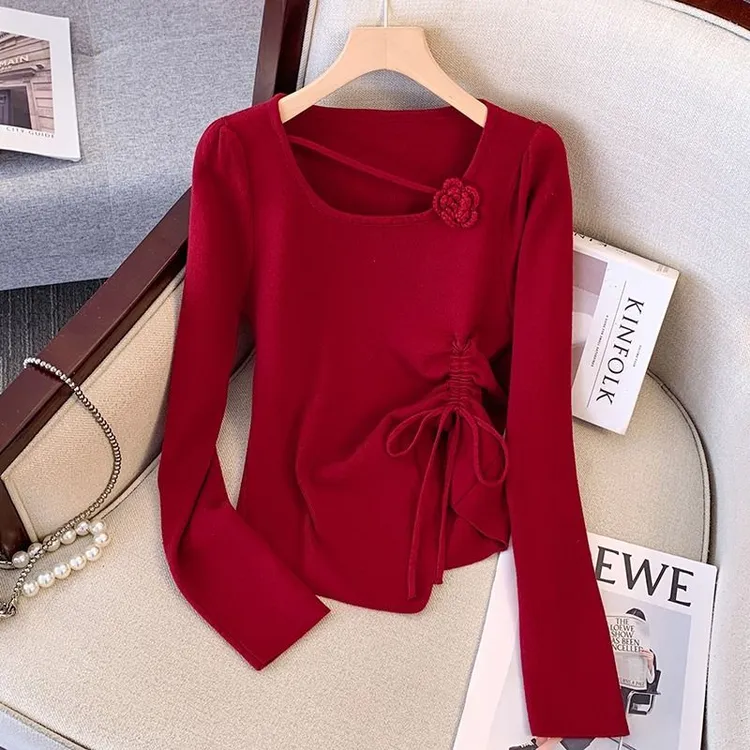 2025时尚百搭纯欲风红色圣诞玫瑰花抽绳针织衫女秋冬新款别致漂亮