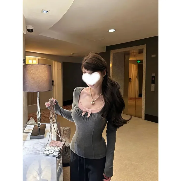 梦优莱韩系气质拼色抽褶蝴蝶结内搭长袖T恤女秋冬打底衫显瘦上衣
