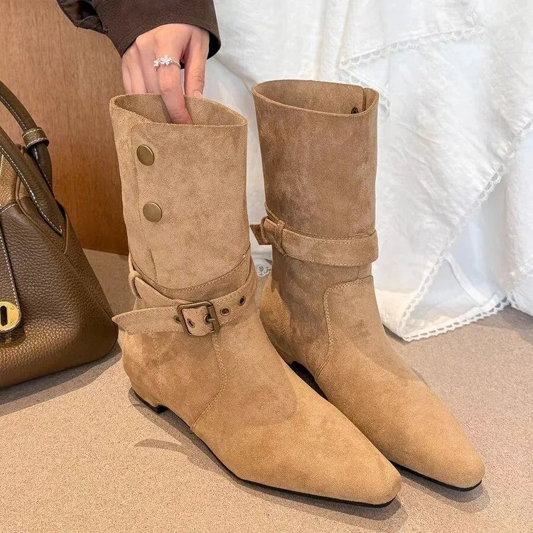 法式小裸靴子女秋冬季2025新款洋气小短靴堆堆靴西部靴中筒靴单靴