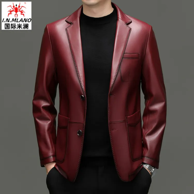 秋冬季新款真皮皮衣绵羊皮时尚潮流休闲红色帅气商务男士西服外套