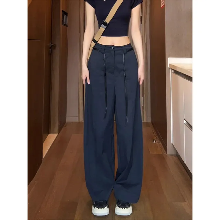 韩版藏青色工装裤女夏季薄款2025新款宽松直筒休闲垂感伞兵阔腿裤