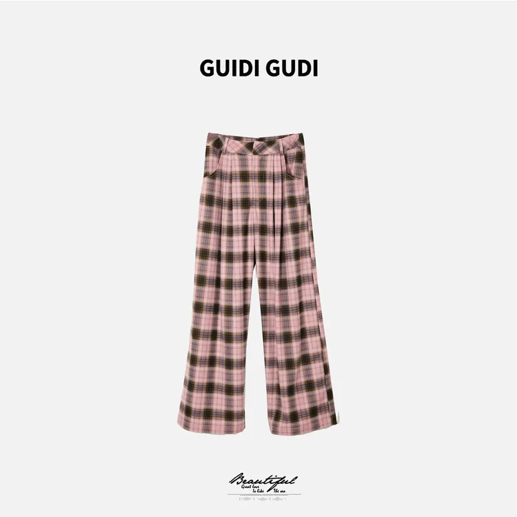 GUIDI GUDI【粉格漫旅】时尚粉格条纹休闲裤/黄加蓝