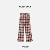 GUIDI GUDI【粉格漫旅】时尚粉格条纹休闲裤/黄加蓝