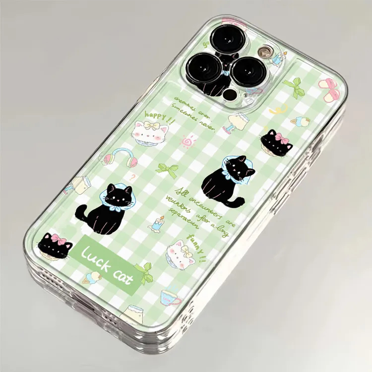 绿格黑猫适用iPhone16E手机壳小米华为全包荣耀VIVO防摔OPPO一加