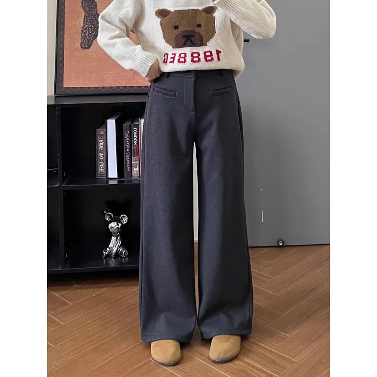 大码冬季款加绒毛呢简约垂感阔腿裤女梨形身材宽松显瘦百搭休闲裤