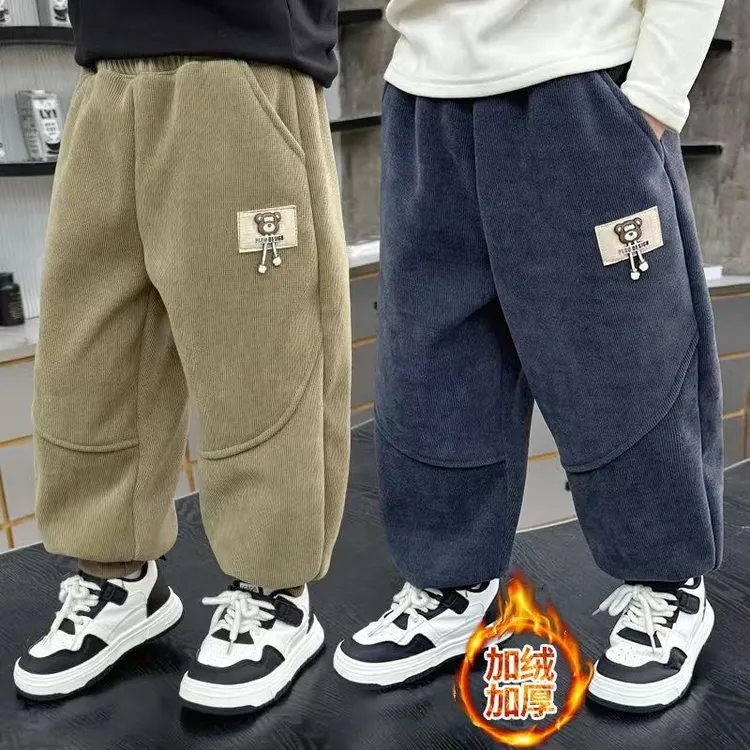 男童加绒裤子秋冬季2025新款中小童灯芯绒一体绒长裤冬装条绒长裤