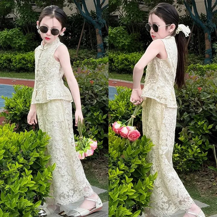 女童夏装2025新款洋气时尚国风中大童刺绣蕾丝上衣休闲裤两件套潮