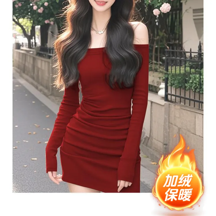 纯欲风气质长袖纯色秋冬连衣裙显瘦收腰显瘦法式性感打底包臀短裙