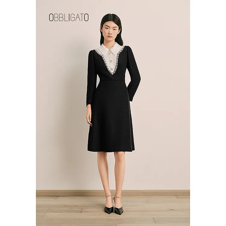 OBBLIGATO奥丽嘉朵1C65105210专选2025春季珠钻假两件连衣裙
