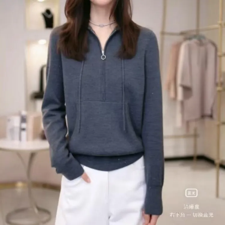 阿玛施AMASS 新款秋季质感简约百搭宽松长女款秋季连帽宽松针织衫