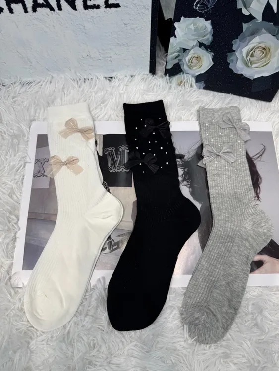蝴蝶结中筒袜女春夏薄款时尚透气堆堆袜甜美风搭配玛丽珍鞋