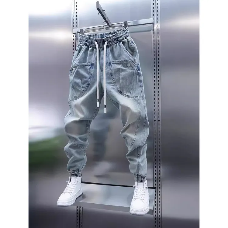 2025春秋季水洗牛仔裤男大口袋束脚哈伦裤浅蓝色痞帅束脚休闲裤