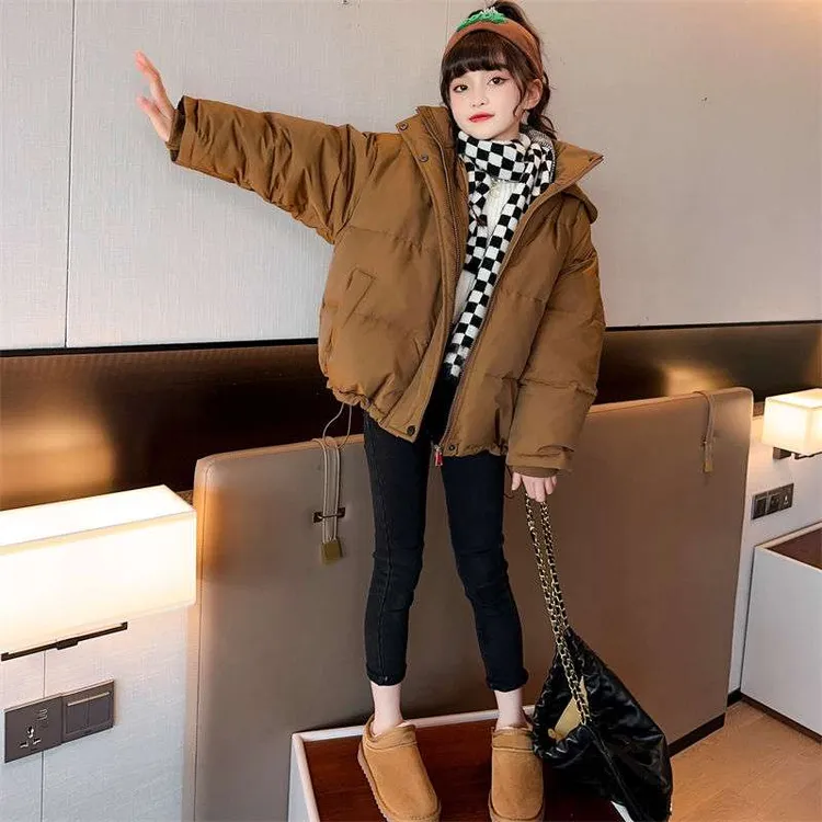 童泰【断码】女童短款纯色棉服冬装轻盈保暖连帽棉外套中大童