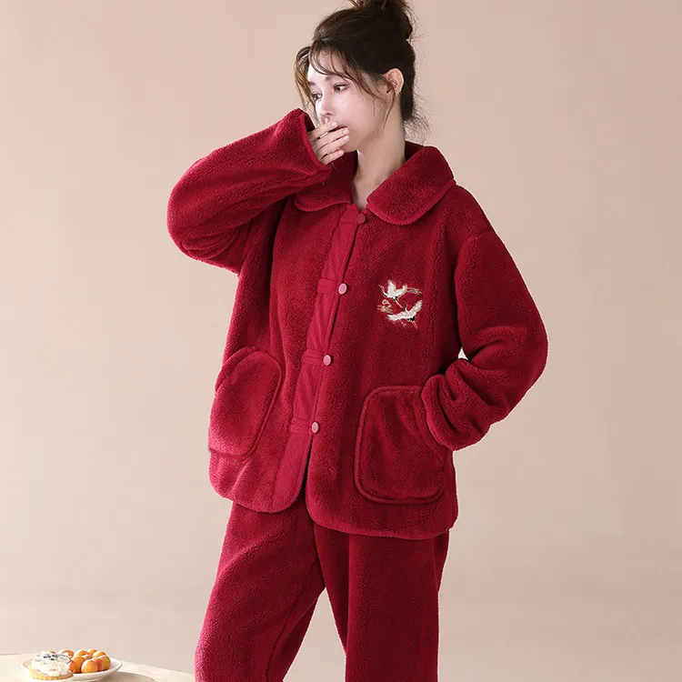 【国风苏绣仙鹤】秋冬季法兰绒女士可外穿雪花绒睡衣家居服两件套