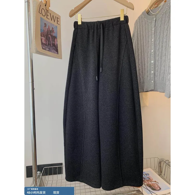 胖妹妹240斤大码深灰色加绒宽松阔腿直筒裤女秋冬新款休闲弯刀裤