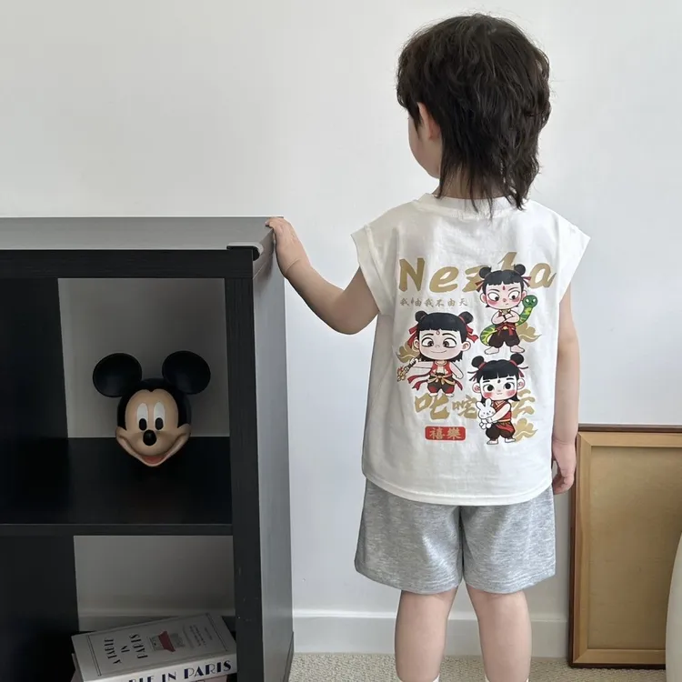 哪吒儿童睡衣2025新款纯棉男孩宝宝套装夏季薄款男童背心短裤套装