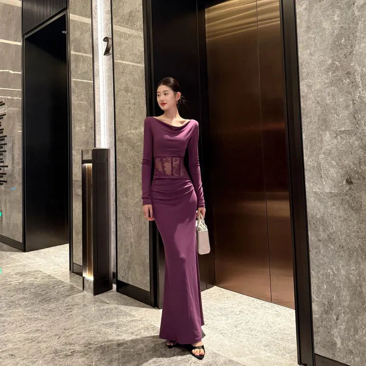 紫色韵味纯欲风气质连衣裙蕾丝镂空鱼骨显瘦轻奢性感包臀裙打底裙