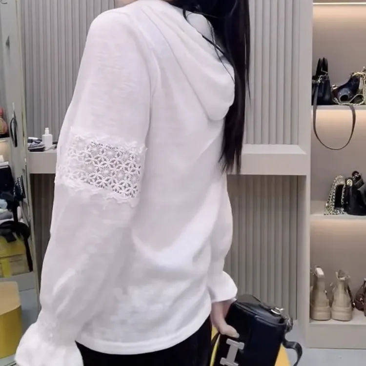 花瓣袖连帽秋季长袖女钩花打底衫打底卫衣休闲重工