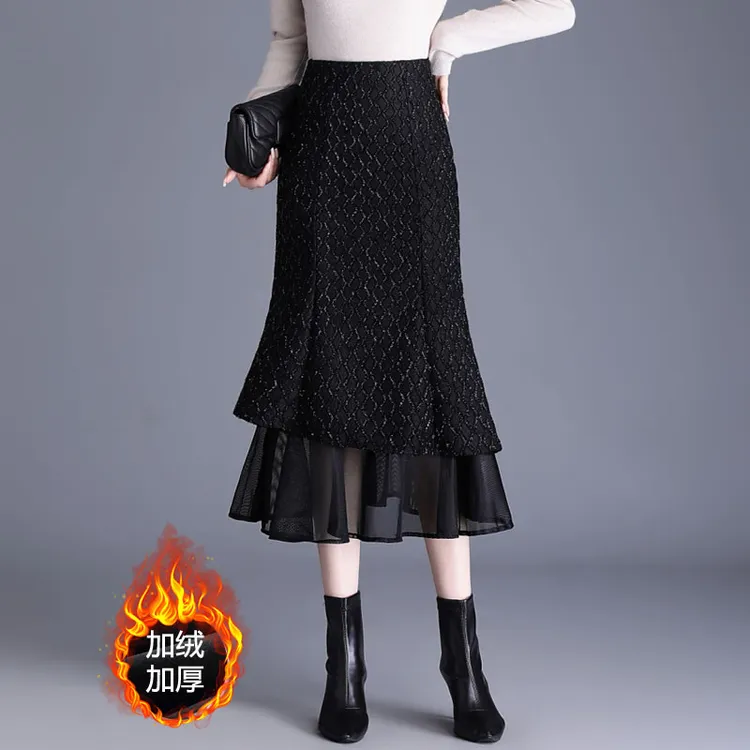 小香风银丝鱼尾裙半身裙女2025新款秋冬高腰中长裙加厚a字包臀裙