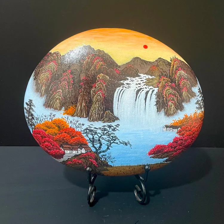 纯手绘山水石头画鸿运当头摆件饰品赠送礼品带支架