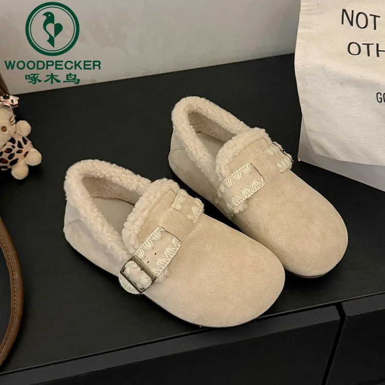 啄木鸟两穿加棉加绒舒适保暖平底棉鞋女款冬季一脚蹬舒适勃肯鞋女