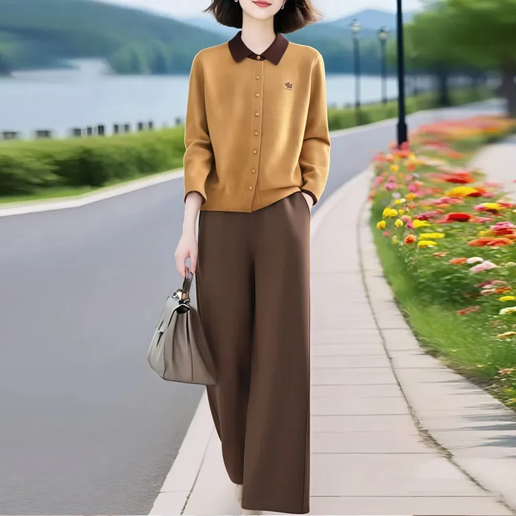 气质轻熟风时尚套装女2025秋季新款洋气翻领针织衫搭直筒裤两件套