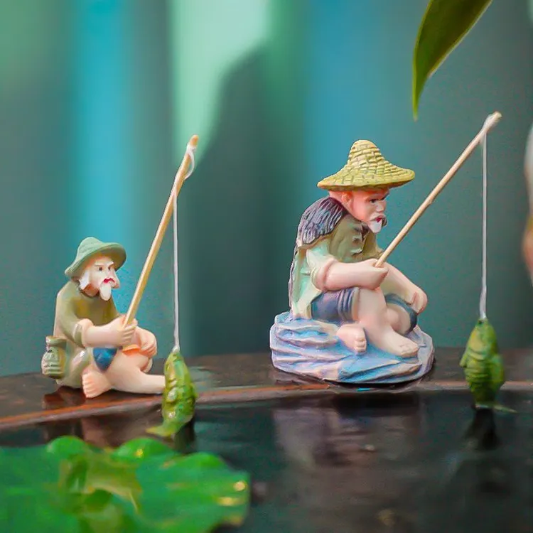 【鱼缸造景】姜太公钓鱼摆件造景老头钓鱼翁鱼缸假山垂钓独钓寒江雪