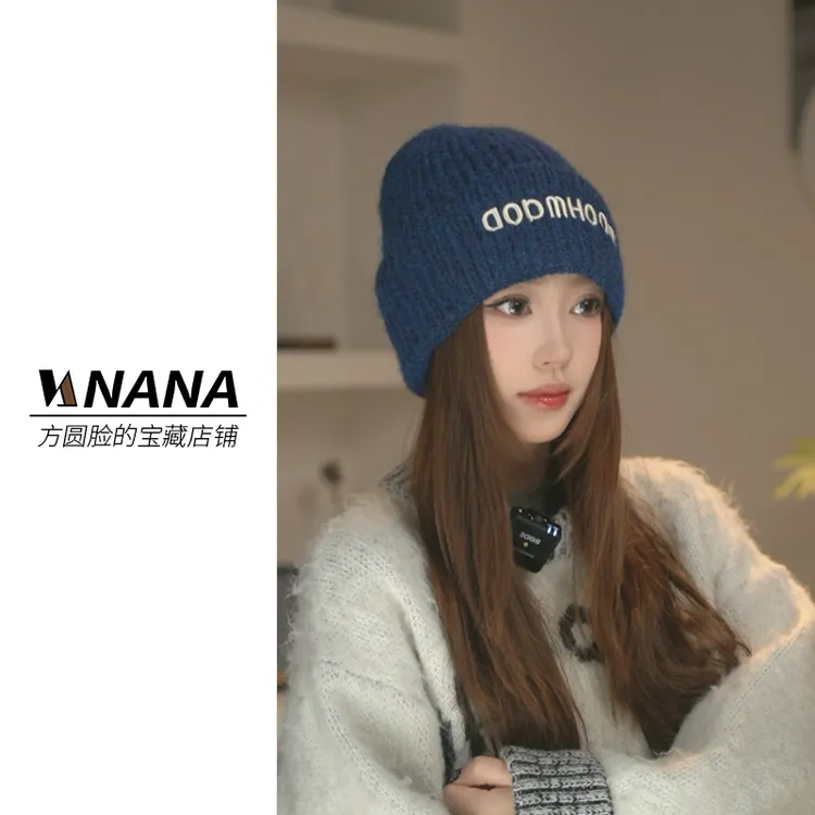 原创设计 羊毛混纺 字母刺绣冷帽秋冬包头圆顶女保暖针织帽帽子女