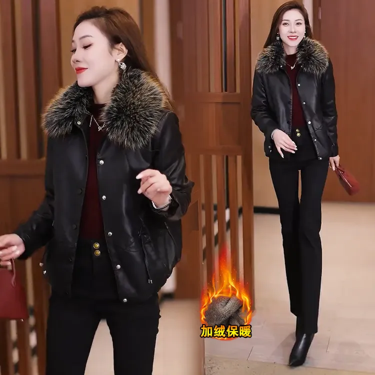 加绒加厚皮衣外套女2025冬季新款宽松显瘦百搭保暖PU皮夹克棉袄潮