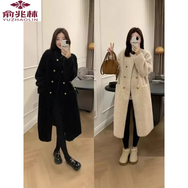 俞兆林皮毛一体双排扣羊羔毛外套女新款秋冬慵懒风加厚中长款摇粒