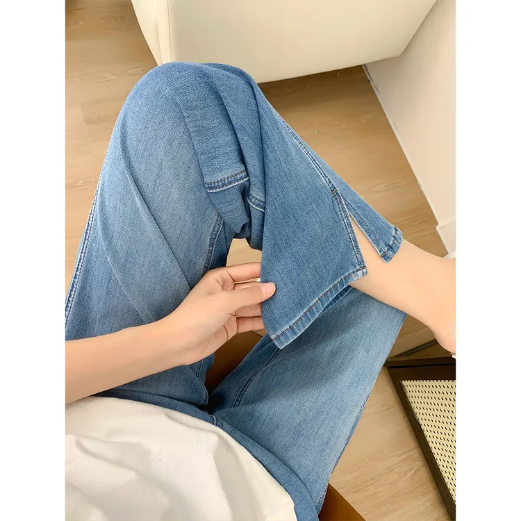 显瘦侧开叉微喇叭牛仔裤2025夏季新款高腰遮肉显瘦九分阔腿裤薄款