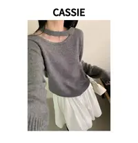 CASSIE欧货设计感超细波点透明网纱拼接露锁骨设计圆领长袖百搭