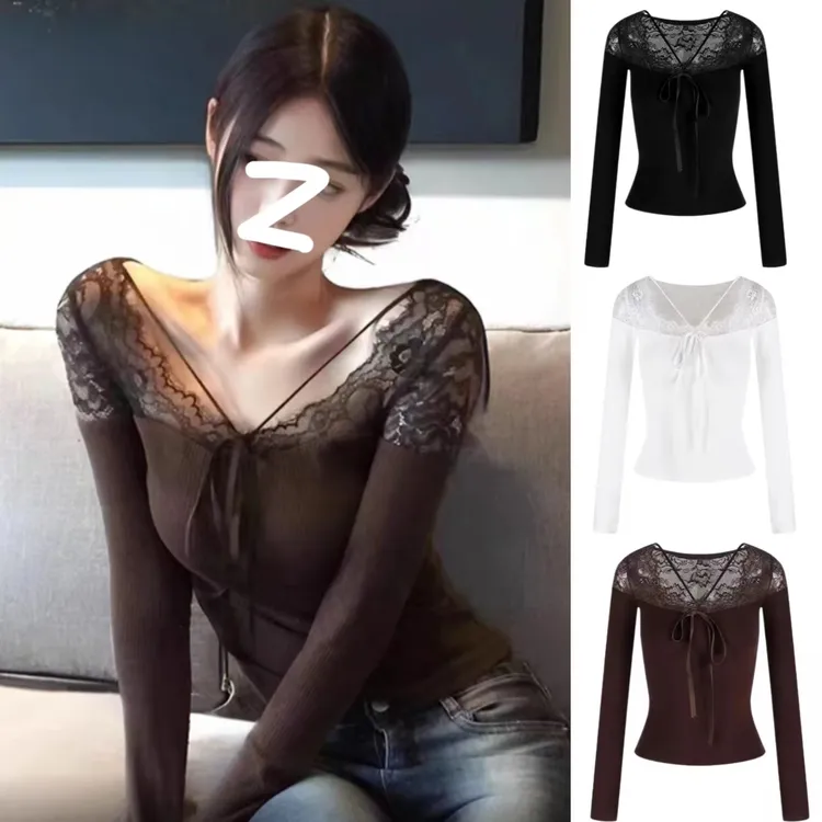 纯欲姐姐蕾丝V领飘带打底衫女 加绒磨毛修身显瘦内搭长袖气质上衣