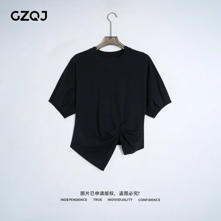 老琴私服【智性松弛】 欧若风百搭不规则下摆短袖T恤上衣初夏 7151