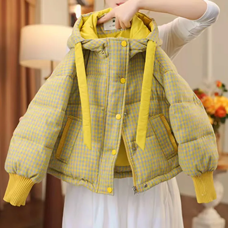 现货女童格子棉服加厚外套2025新款冬装中大童棉衣连帽面包服棉袄