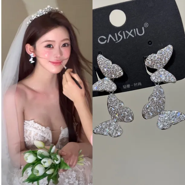铜合金锆石耳饰  2740-0127新款锆石双蝴蝶耳夹新娘婚纱礼服配饰