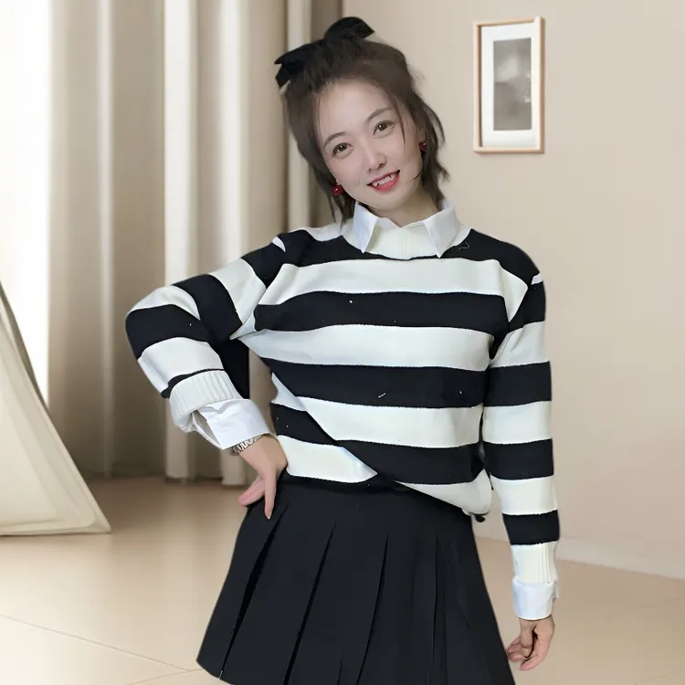 秋季半高领针织圆领打底衫长袖针织衫毛针织衫条纹女