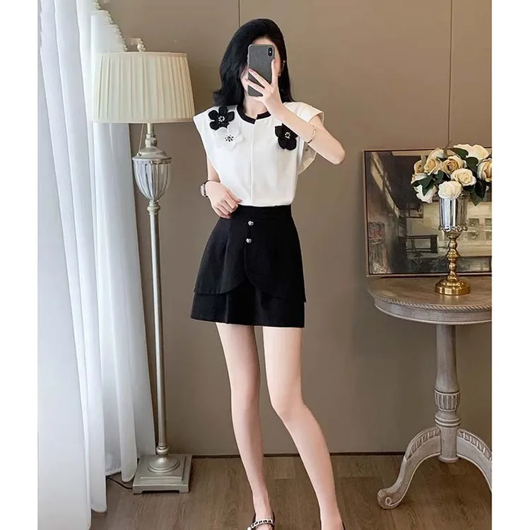 【两件套】小个子短袖短裤欧货时尚套装女洋气减龄小香风套装D2385