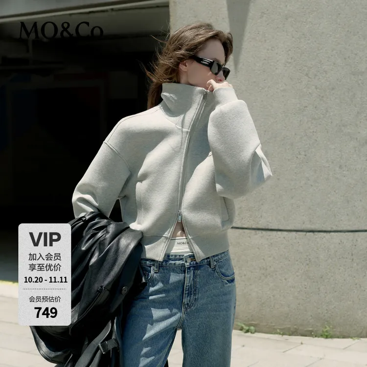 MOCO秋季双开头拉链高领落肩廓形短款夹克MBD3JKTK01