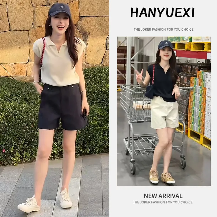 【现货】夏季时尚一整套女装2025新款洋气翻领上衣休闲短裤两件套