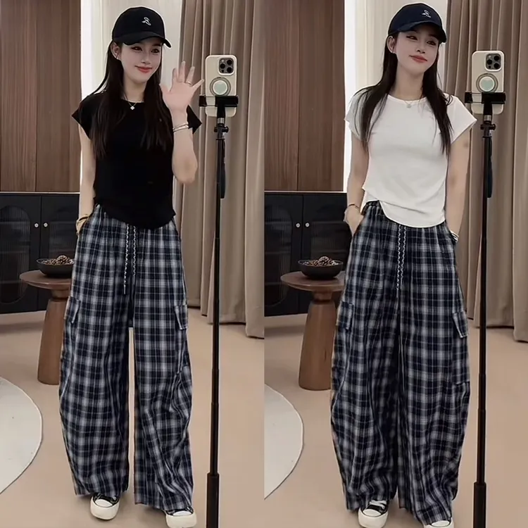 2025早秋薄款格子阔腿裤女时尚流行超好看高腰显瘦弯刀裤休闲裤子